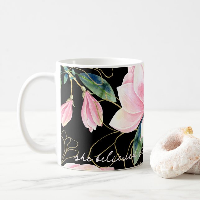 Pink Magnolia Flowers She Believed She Could Coffee Mug (With Donut)