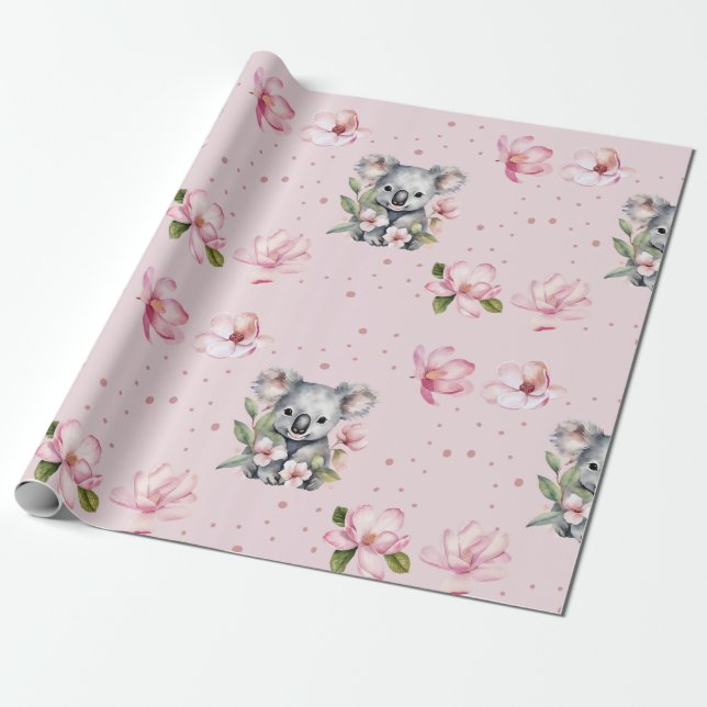 Pink Magnolia Koala Bear Watercolor Gift Wrapping Paper (Unrolled)