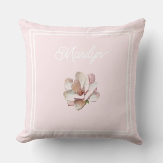 Pink magnolia monogrammed throw pillow (Front)