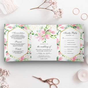 Pink Magnolia Spring Floral All in One Wedding Tri-Fold Invitation