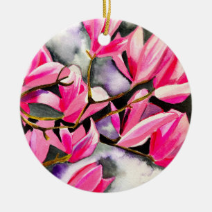 Pink Magnolia watercolor art Ceramic Ornament