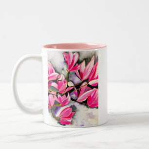 Pink Magnolia watercolor art Two-Tone Coffee Mug