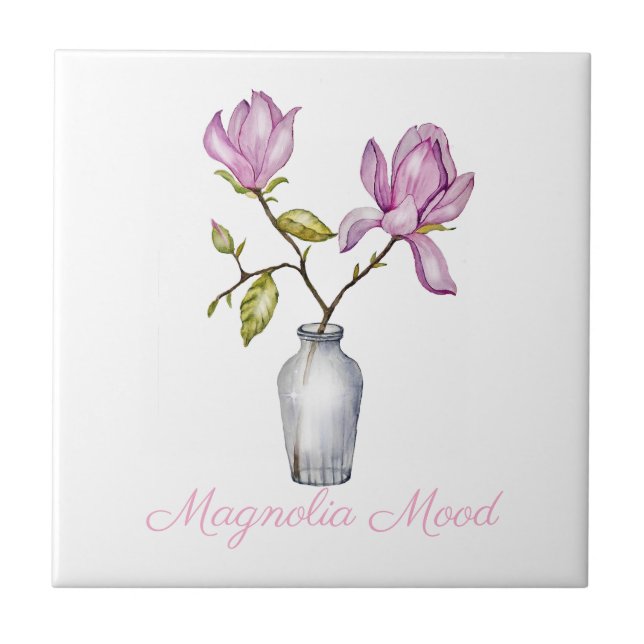 Pink Magnolia Watercolor Botanical Ceramic Tile (Front)