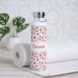 Pink Magnolia Watercolor Fitness Monogram Name Water Bottle