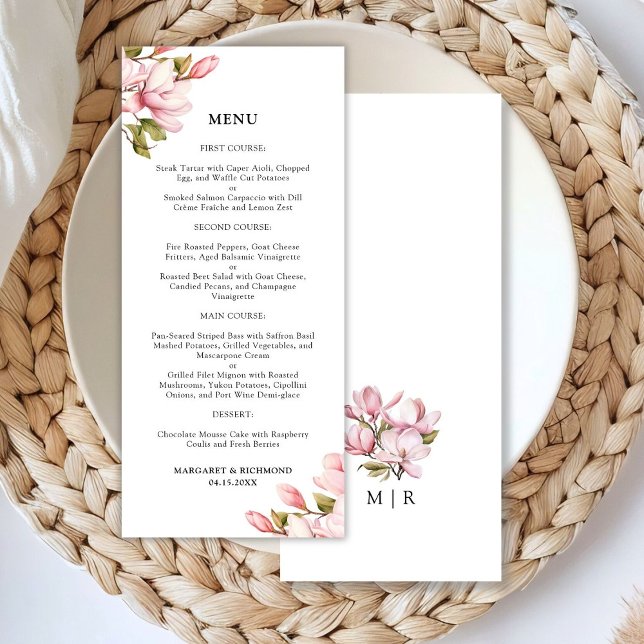 Pink Magnolia Watercolor Floral Wedding Menu (Creator Uploaded)