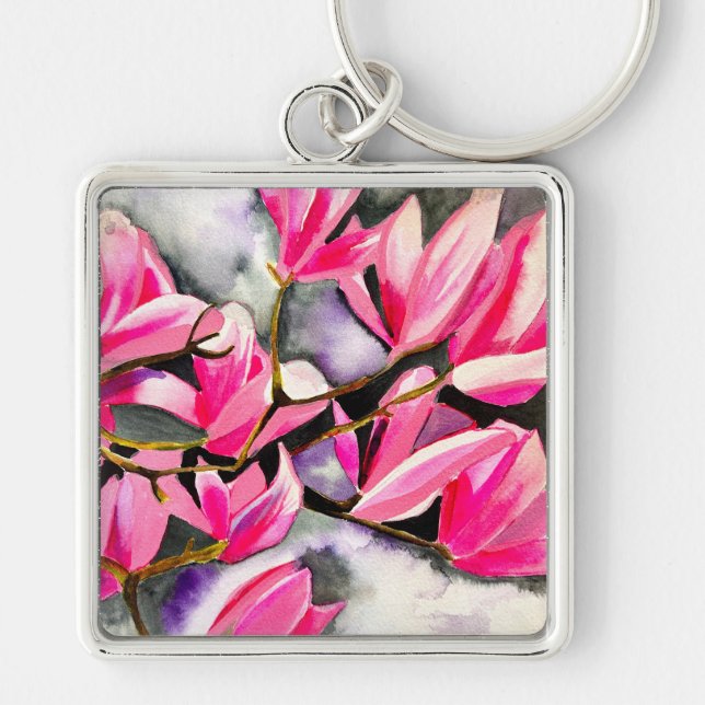 Pink Magnolia watercolor Key Ring (Front)