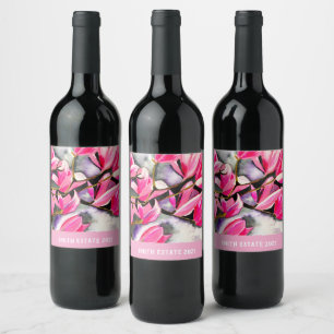Pink Magnolia watercolor Wine Label