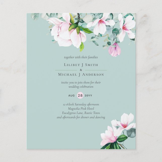 Pink Magnolias Floral and Yellow Wedding Invite Flyer (Front)