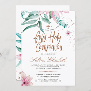 Pink magnolias holy first communion invitation