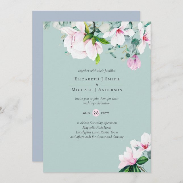 Pink Magnolias Sage Eucalyptus Dusty Blue Wedding  (Front/Back)