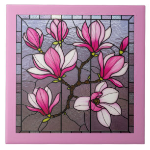 Pink Magnolias Stained Glass Illusion Ceramic Tile