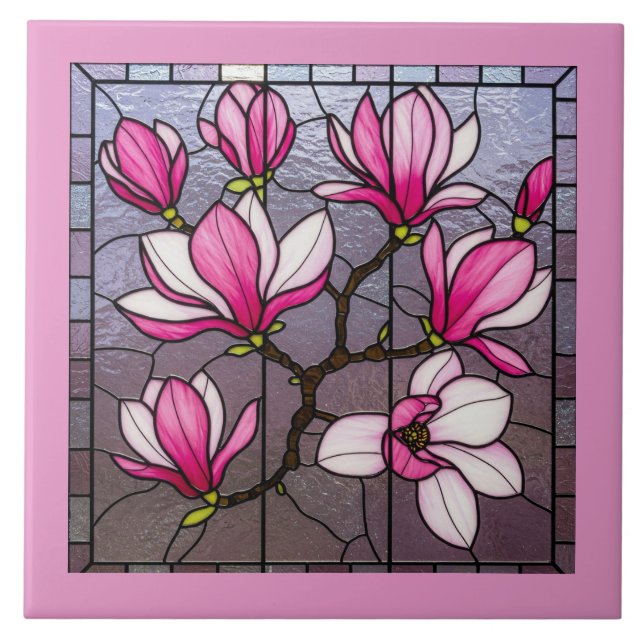 Pink Magnolias Stained Glass Illusion Ceramic Tile (Front)