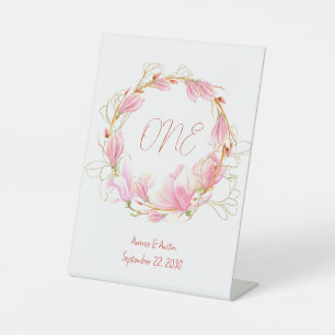 Pink Magnolias Wreath Tabletop Pedestal Sign