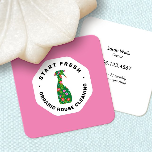 Pink Maid Cleaning Service Floral Spray Bottle Square Business Card (Creator Uploaded)