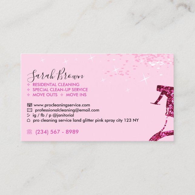 Pink Maid Cleaning Spray Sparkle Janitorial Business Card (Back)