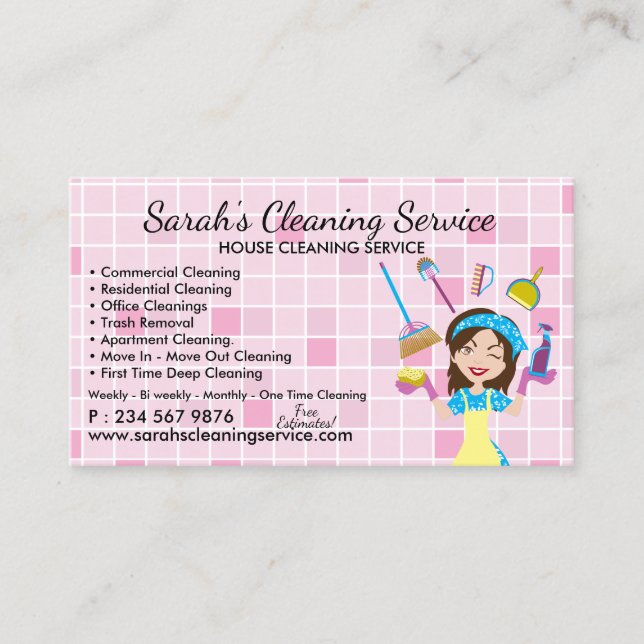 Pink Maid Janitorial Lady House Cleaning Service Business Card (Front)