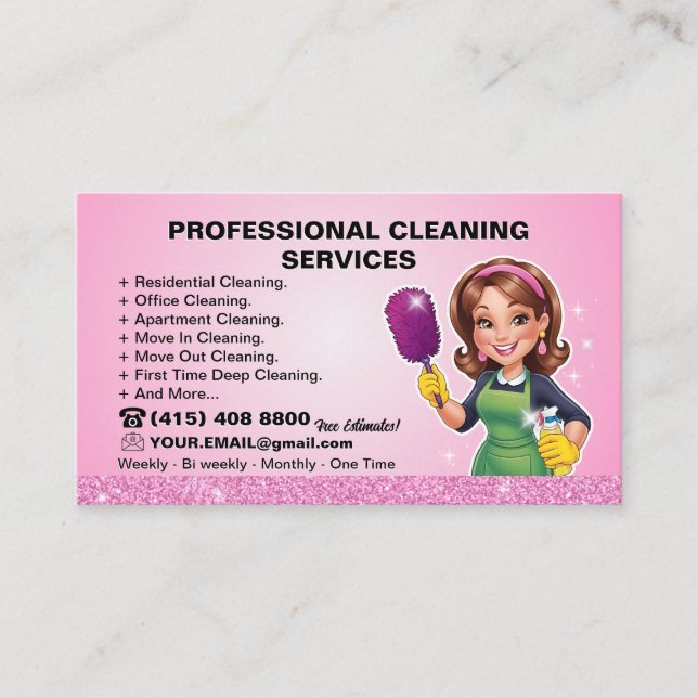 Pink Maid Janitorial Lady House Cleaning Service Business Card (Front)