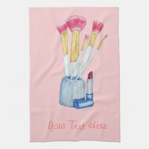 Pink make up brushes in holder still life tea towel