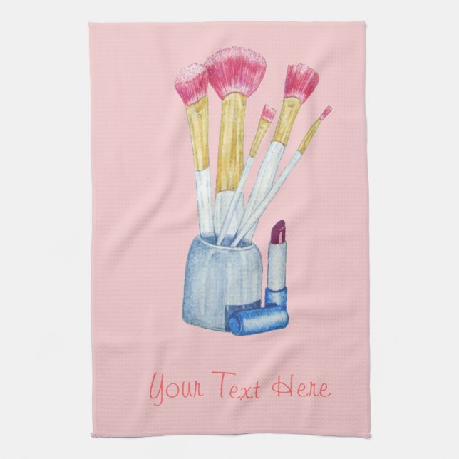 Pink make up brushes in holder still life  tea towel (Vertical)