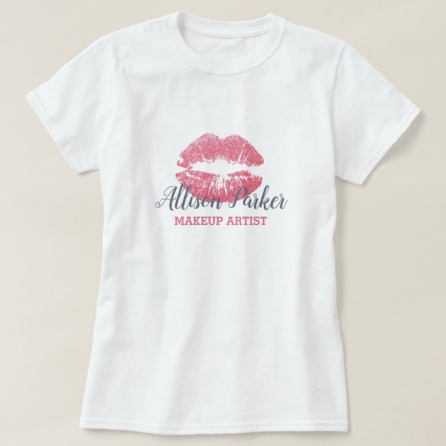 Pink MAKEUP ARTIST Logo Kiss Name T-Shirt (Design Front)
