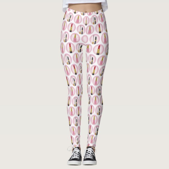 Pink Makeup Cosmetics Pattern Cosmetology Leggings (Front)