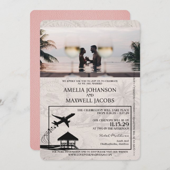 Pink Maldives Passport Wedding Invitation (Front/Back)