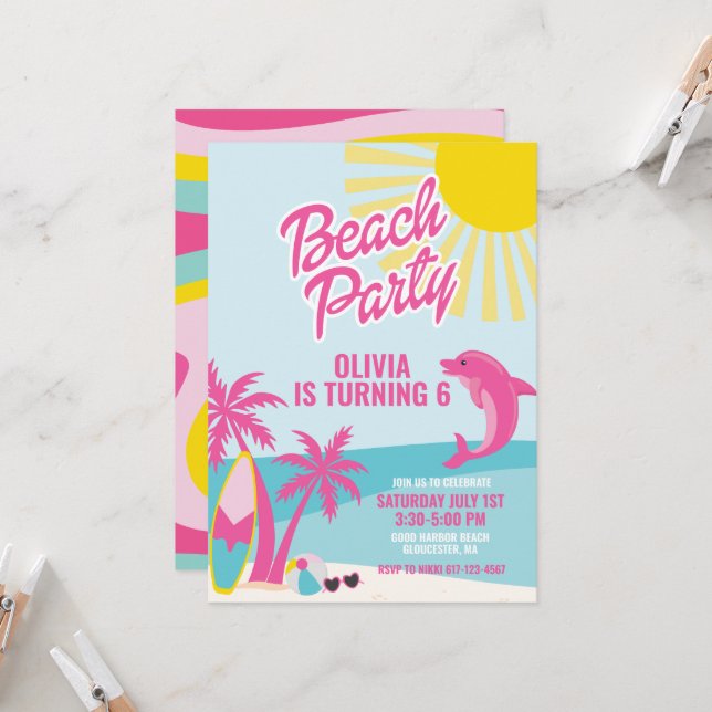 Pink Malibu beach birthday Invitation (Front/Back In Situ)