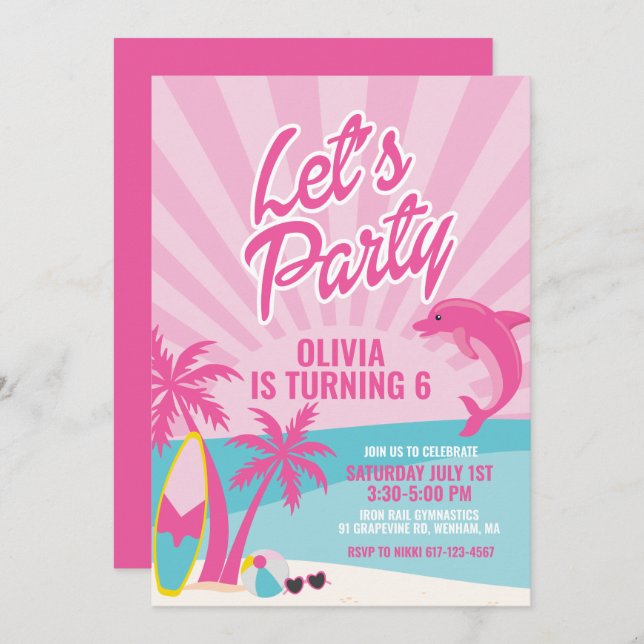 Pink Malibu beach birthday Invitation (Front/Back)