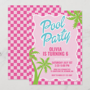 pink malibu check pool party birthday invitation