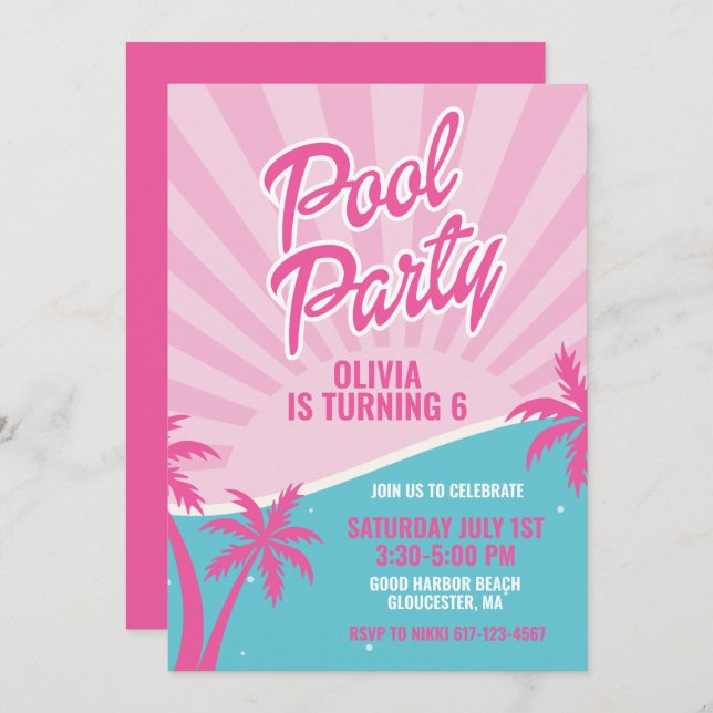 Pink Malibu Pool Party birthday Invitation (Front/Back)