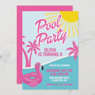 Pink Malibu Pool Party birthday Invitation