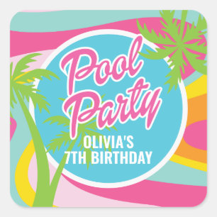Pink Malibu Pool Party Birthday Square Sticker