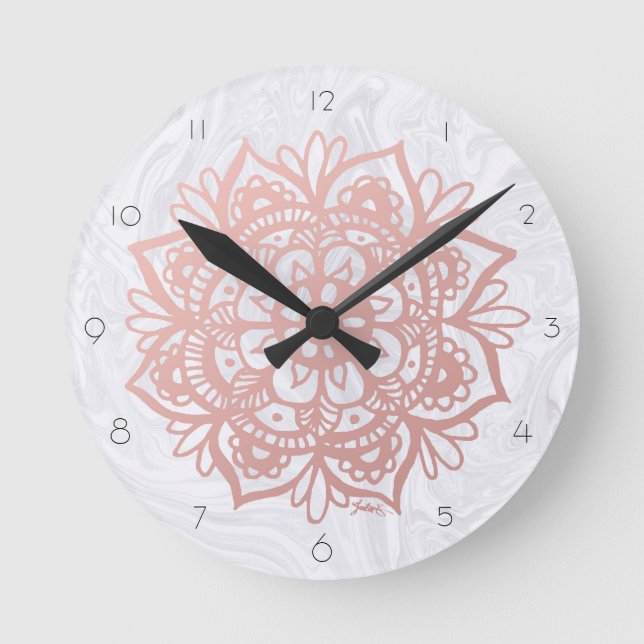 Pink Mandala Flower White Marble Wall Clock (Front)