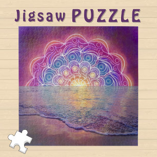 Pink Mandala Sunset over Ocean Jigsaw Puzzle
