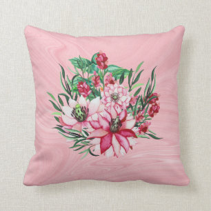 Pink Marble And Exotic Flowers Cushion