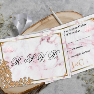 Pink Marble and Golden Pearls Wedding RSVP Card
