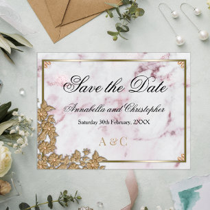 Pink Marble and Pearl Wedding Save the Date Postcard