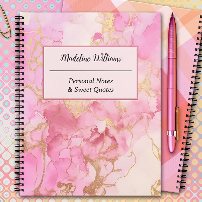 Pink Marble Artistic Quotes Notebook (Notebook featuring a pink and gold marble design on the front and pink orange plaid on the back)