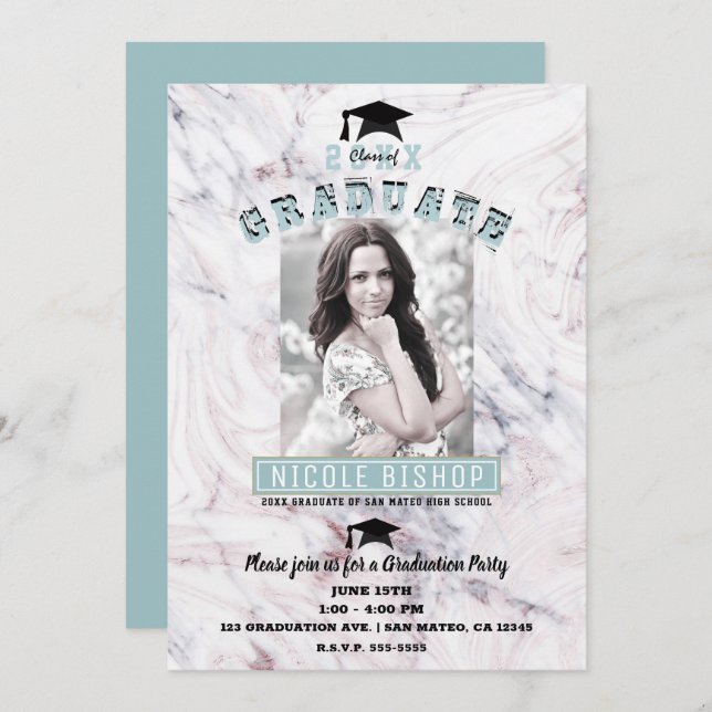 Pink Marble Blue Gold Photo Graduation Party   Invitation (Front/Back)