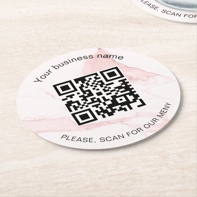Pink marble business bar restaurant menu qr code round paper coaster (Angled)