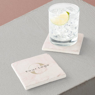 Pink marble, Business logo Simple elegant Company  Stone Coaster