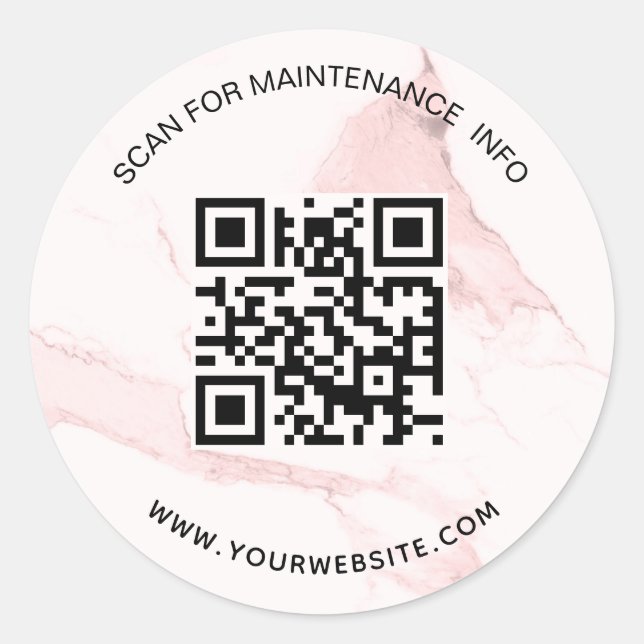 Pink marble business qr code maintenance info classic round sticker (Front)