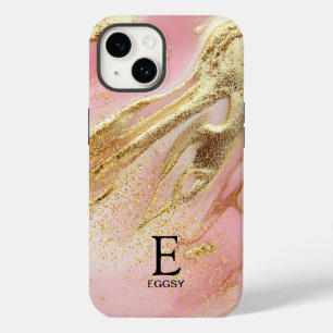 Pink marble chic gold glitter monogram Case-Mate iPhone 14 case