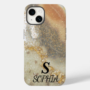 Pink marble chic gold glitter monogram Case-Mate iPhone 14 case