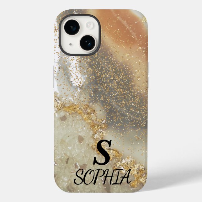 Pink marble chic gold glitter monogram Case-Mate iPhone case (Back)