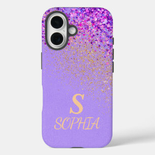 Pink marble chic gold glitter monogram iPhone 16 case