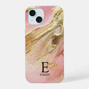Pink marble chic gold glitter monogram iPhone 15 case