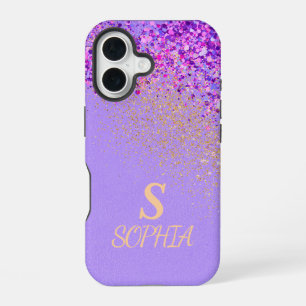 Pink marble chic gold glitter monogram iPhone 16 case