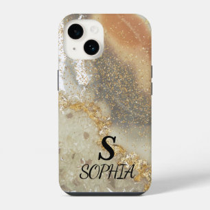 Pink marble chic gold glitter monogram iPhone 14 case