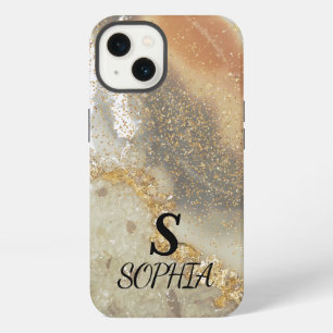 Pink marble chic gold glitter monogram iPhone 13 case